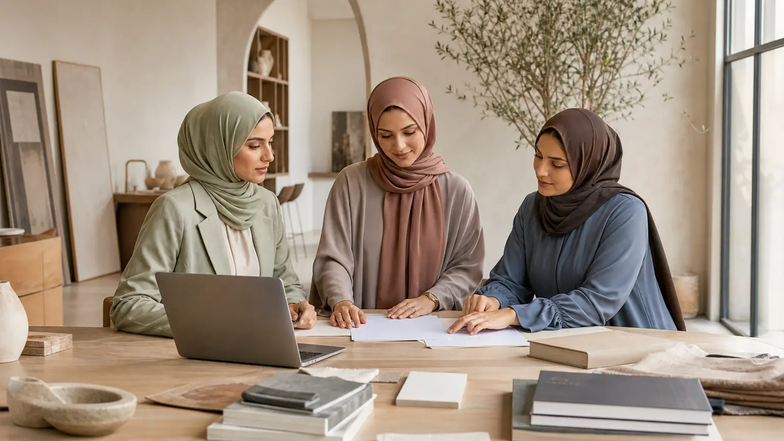 Trois femmes musulmanes adultes travaillent ensemble autour d’une table dans un espace lumineux.