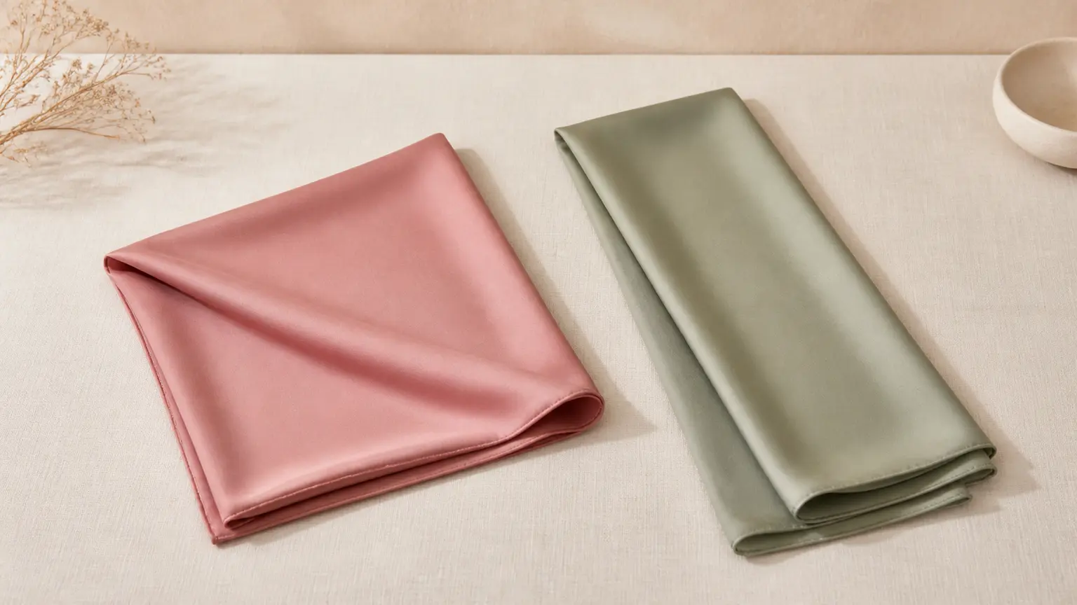 Foulard carré Vieux rose et foulard rectangulaire sauge pliés sur une table ivoire.