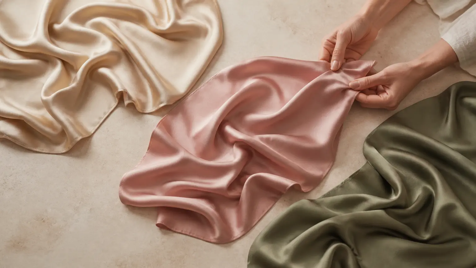 Foulards unis en soie sable, Vieux rose et olive disposés sur une table de pierre claire.