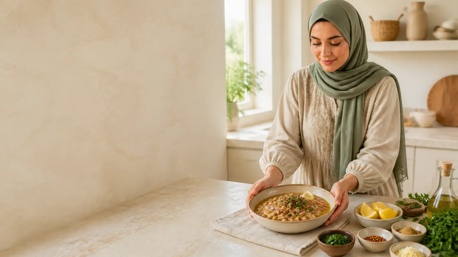 Femme musulmane en hijab sauge présentant un bol de ful medames avec citron, cumin et persil.