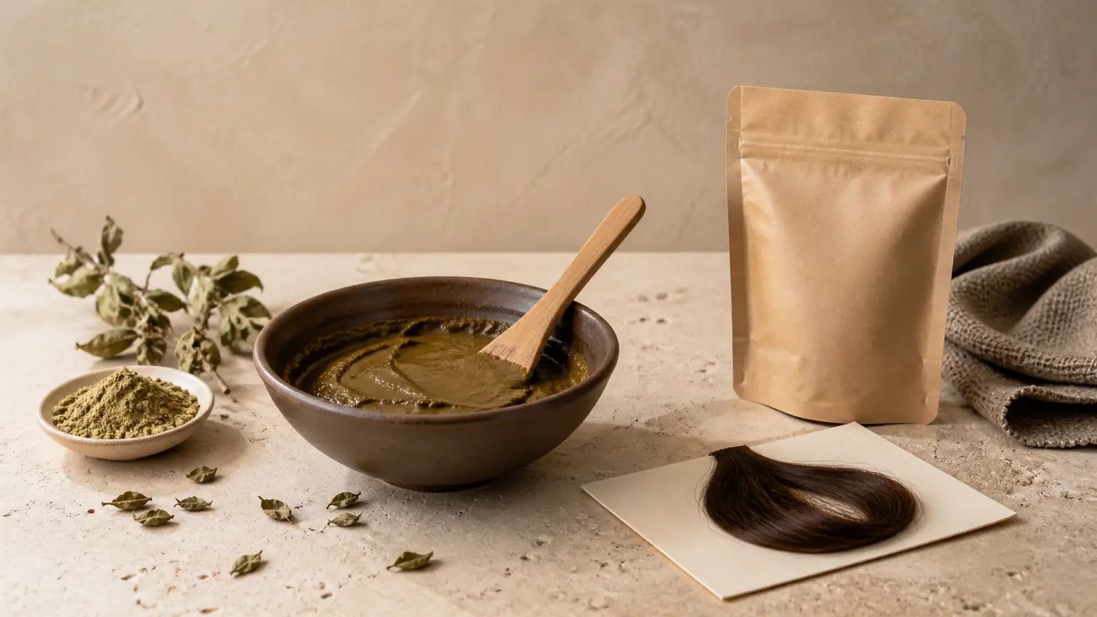 Un bol de pâte de henné, une coupelle de poudre et une mèche brune sont disposés sur une table en pierre ivoire.