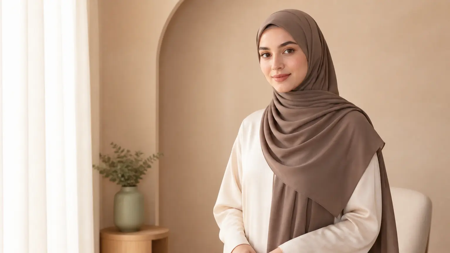 Frau trägt einen mokkafarbenen Jersey-Hijab mit klarem Fall in einem hellen, beigen Interieur.