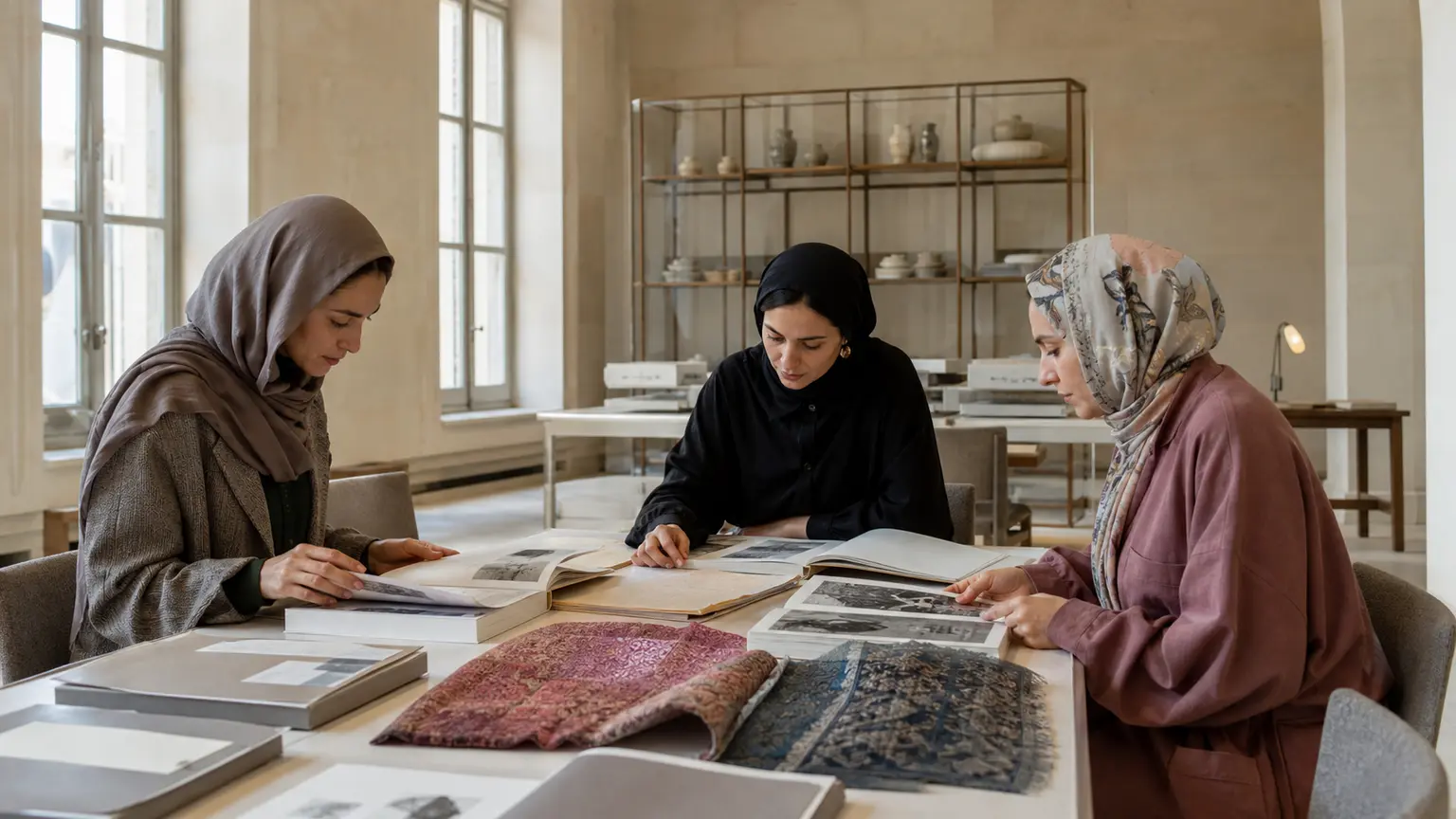 Trois femmes musulmanes consultent des archives textiles et des livres autour d’une table claire.