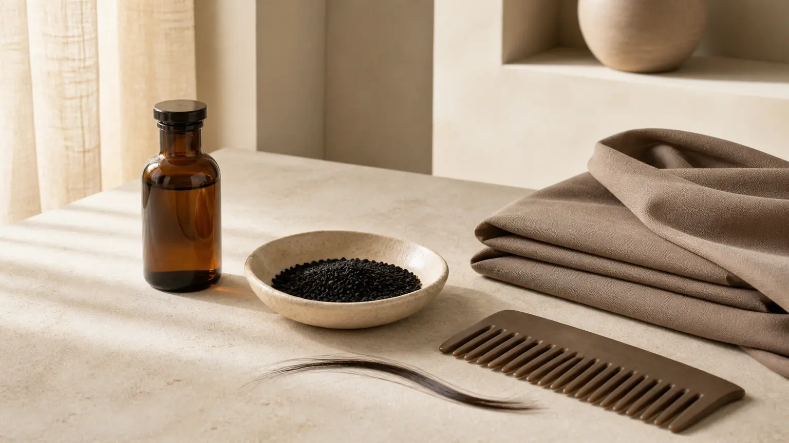 Flacon ambré sans marque, graines de nigelle et peigne disposés près d'un hijab taupe dans un intérieur beige lumineux.