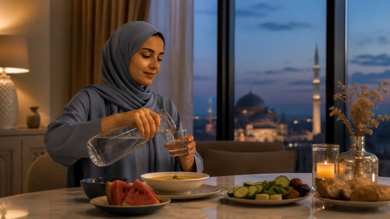 Femme musulmane en hijab bleu gris versant de l'eau à l'iftar devant une soupe, du concombre et de la pastèque pendant l'heure bleue.