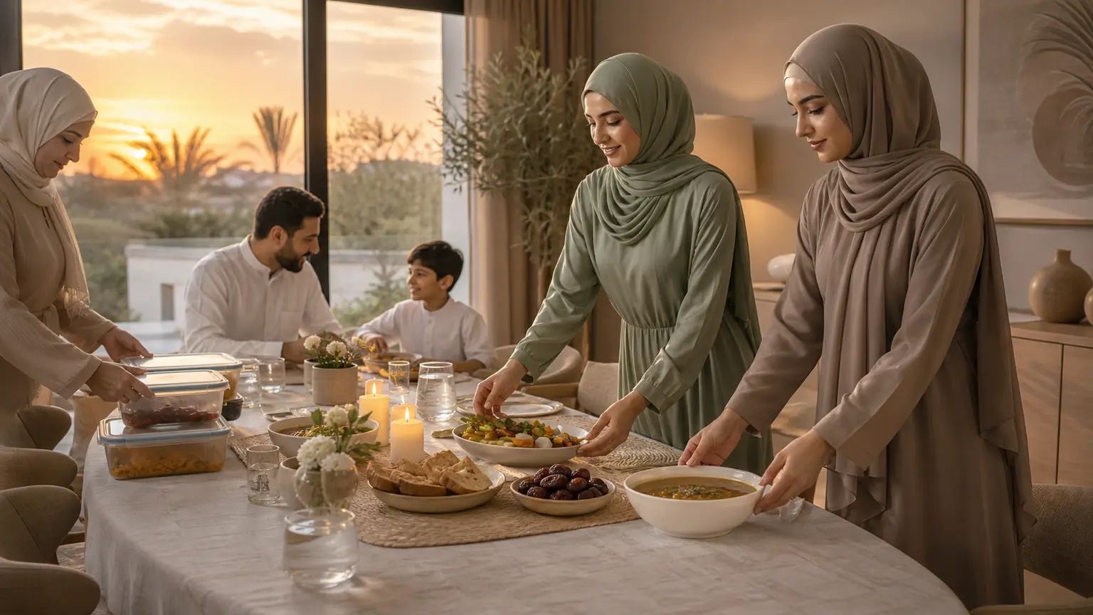 Famille musulmane préparant un iftar avec soupe, dattes, légumes et eau dans une cuisine beige et sauge.