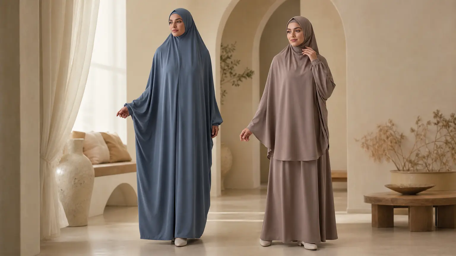 Deux femmes portent un jilbab bleu gris une pièce et un ensemble jilbab moka deux pièces dans un intérieur beige.