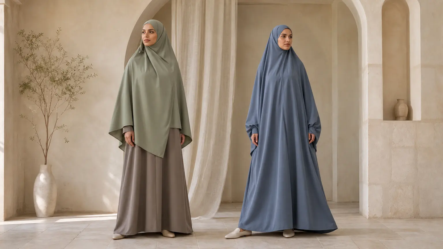 Deux silhouettes présentent un khimar sauge et un jilbab bleu gris dans un intérieur architectural beige.