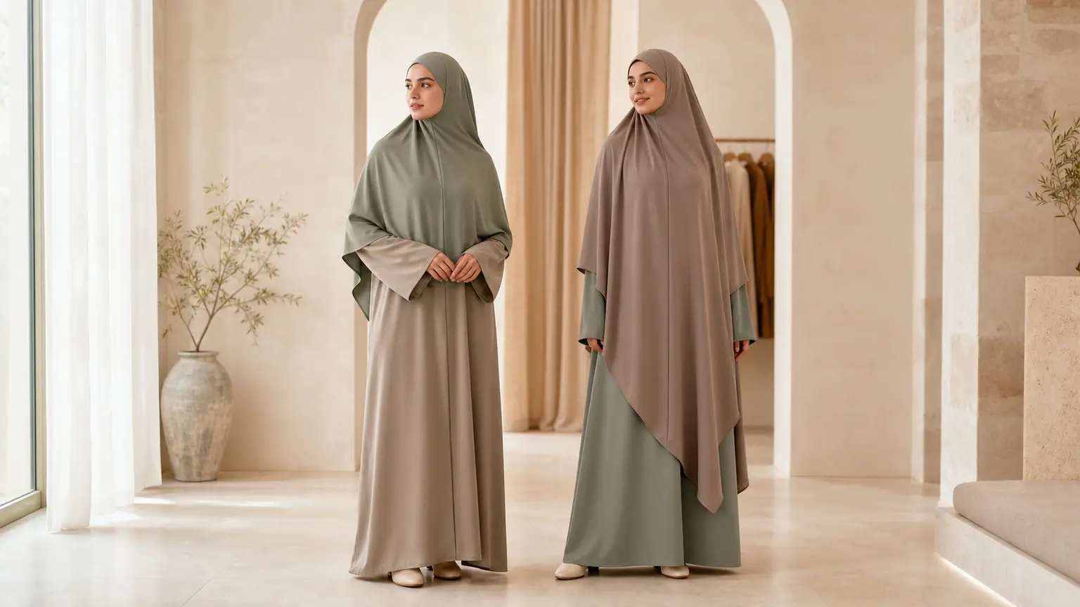 Deux femmes comparent un khimar sauge court et un khimar taupe long dans un intérieur beige.