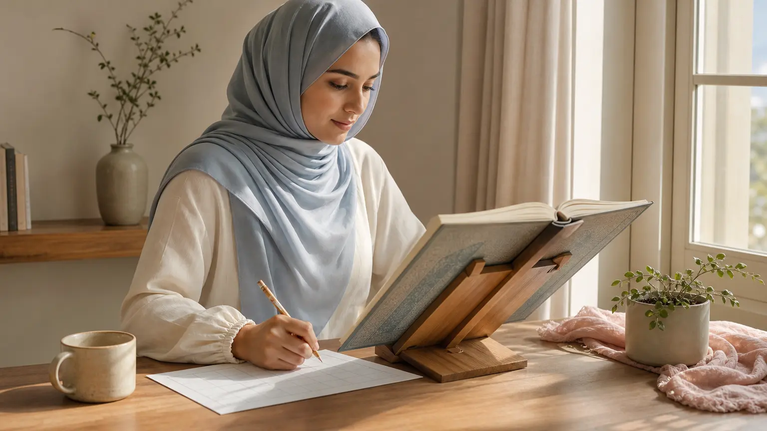 Femme musulmane suivant une routine simple de lecture du Coran.
