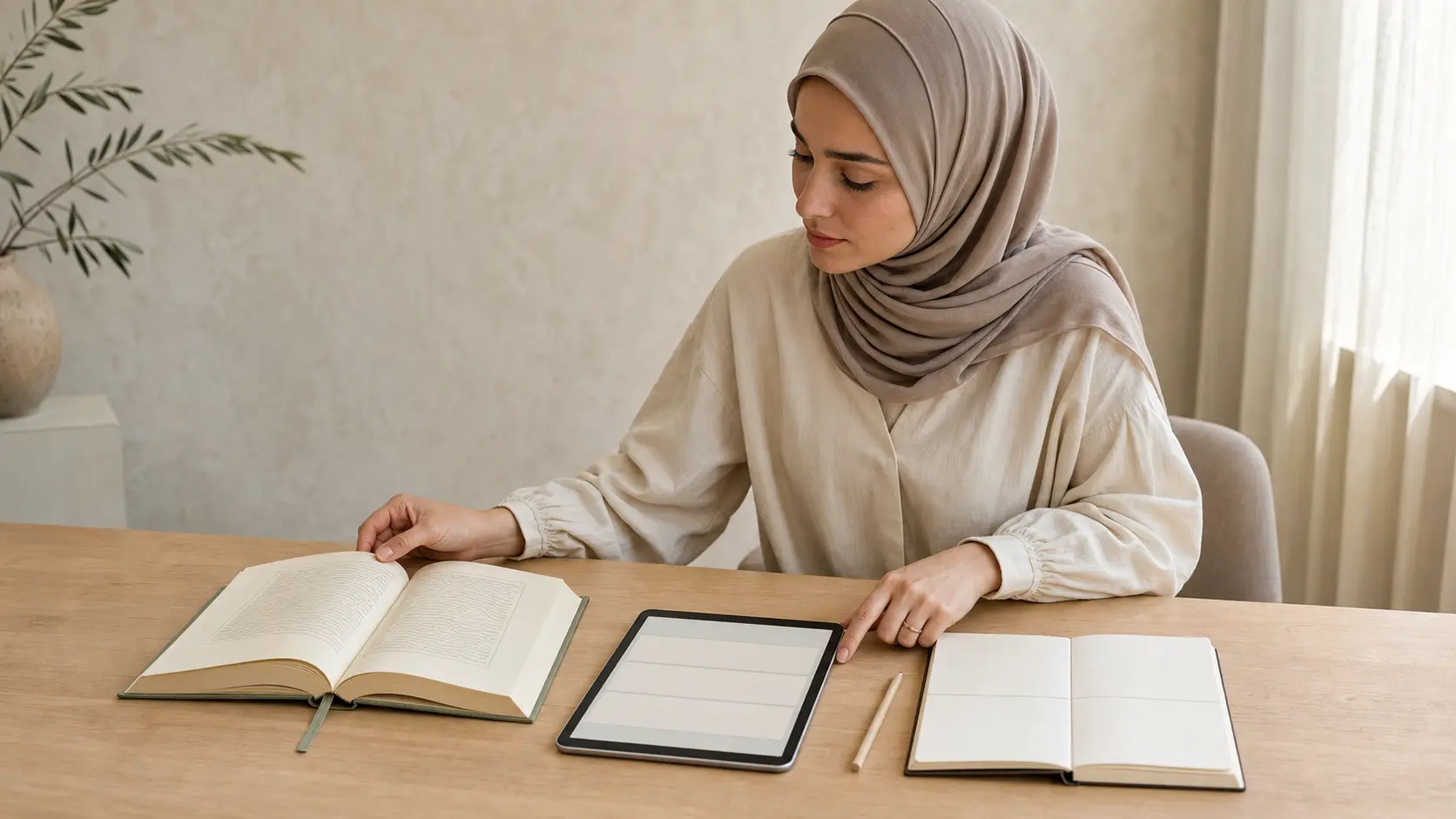 Femme musulmane étudiant calmement un livre sans texte lisible avec tablette et carnet de sources vierge.