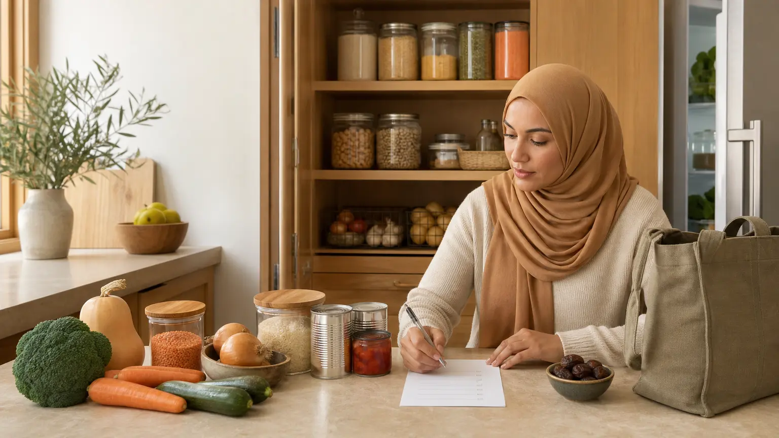 Femme musulmane en hijab camel écrivant une liste devant un garde-manger organisé, des légumes, du riz, des lentilles et des dattes.
