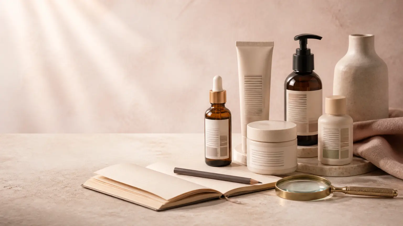 Des emballages cosmétiques neutres, une loupe et un carnet disposés sur une table claire.