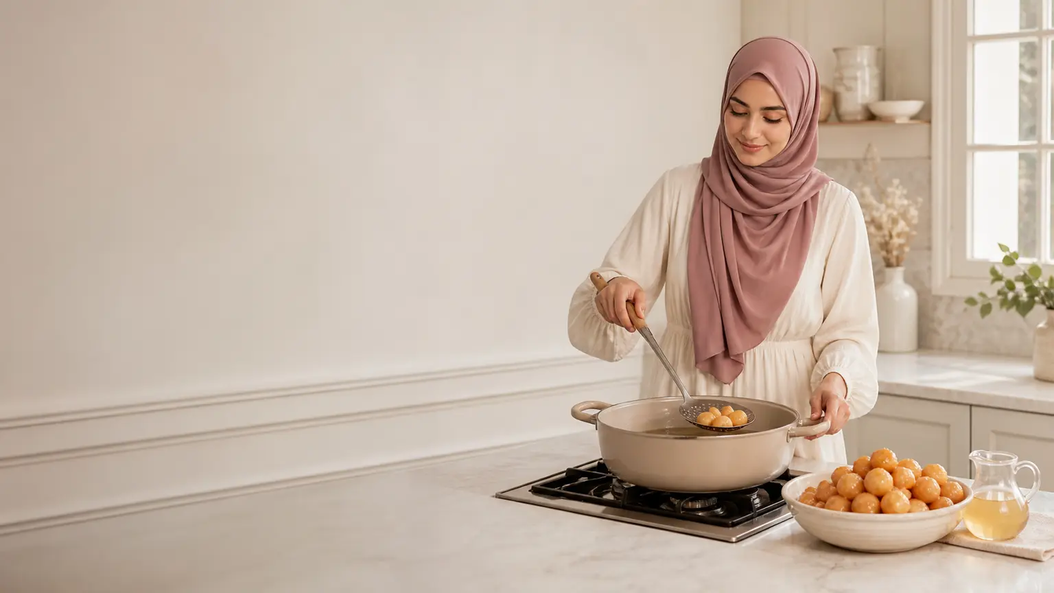Femme musulmane en hijab rose poudré retirant des lokma d'une casserole avec une écumoire dans une cuisine claire.
