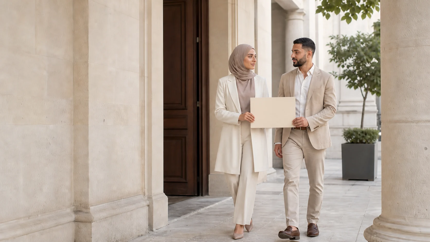 Couple musulman adulte sortant sereinement d'une mairie avec une chemise vierge