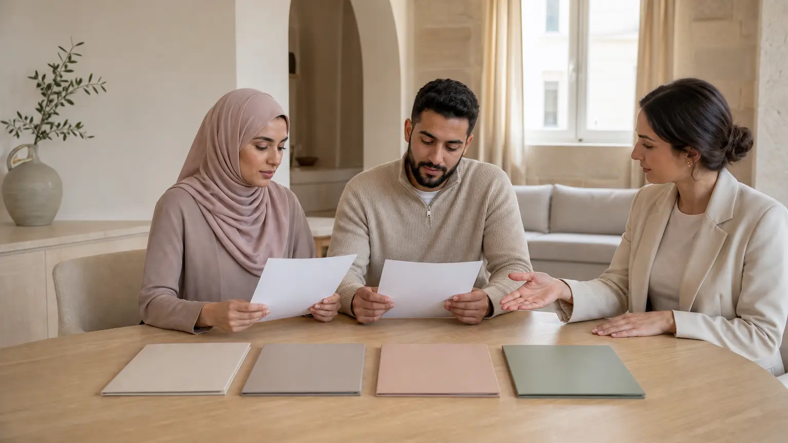 Couple musulman adulte examinant quatre dossiers vierges avec une professionnelle dans un intérieur français beige contemporain.