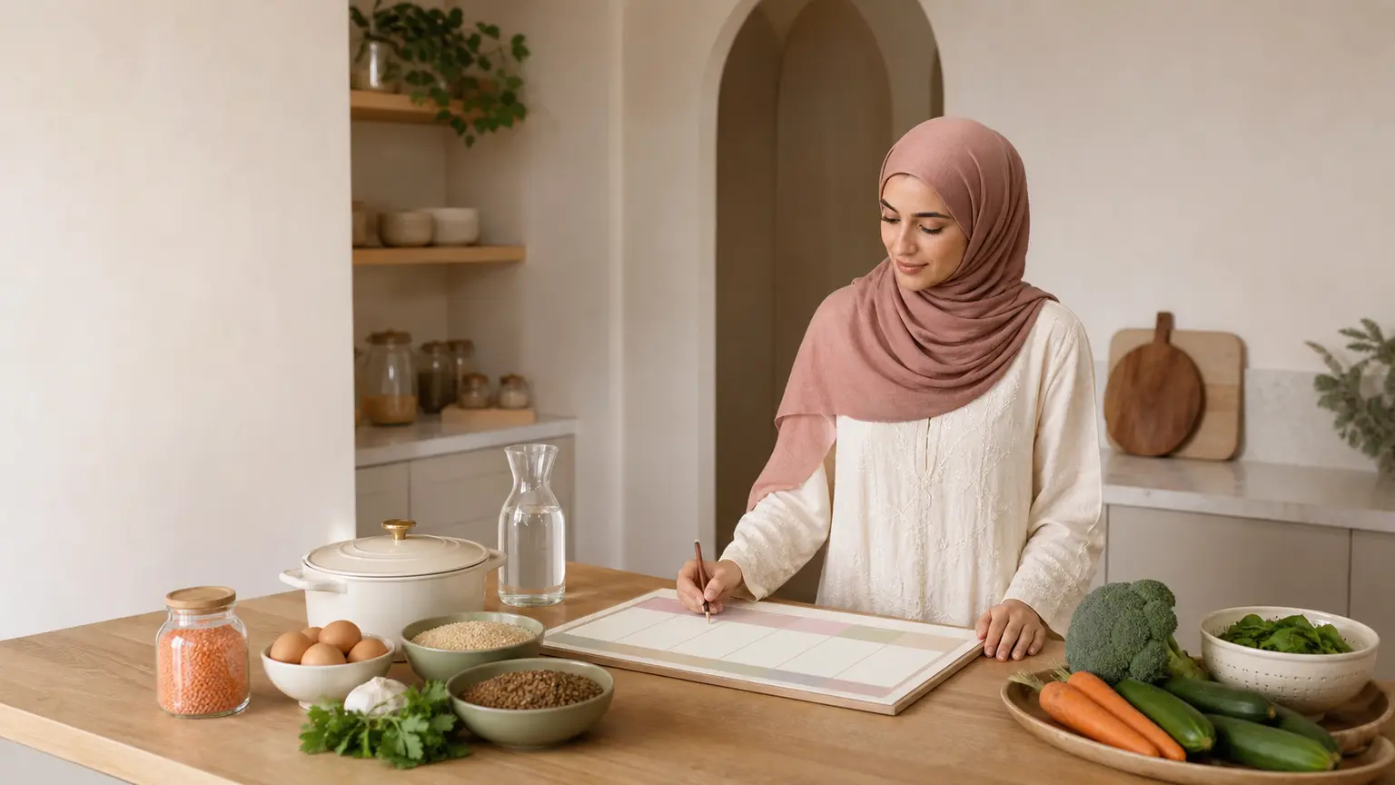 Femme musulmane en hijab vieux rose préparant un planning de repas avec légumes, lentilles, céréales, œufs et carafe d'eau.