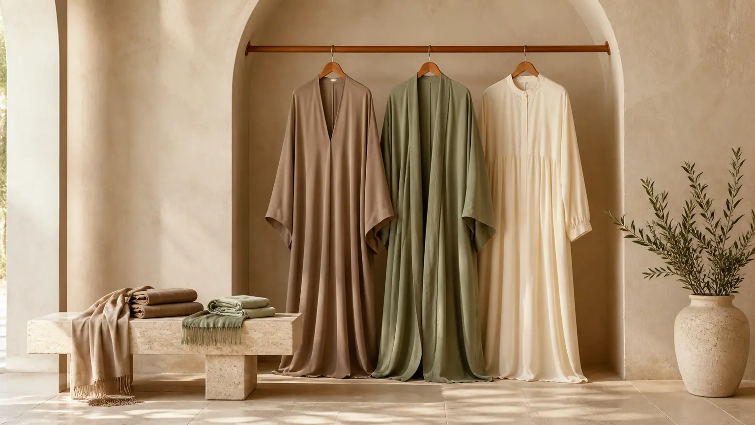 Abaya taupe, kimono olive et robe ivoire suspendus avec des foulards pliés dans un vestiaire lumineux.