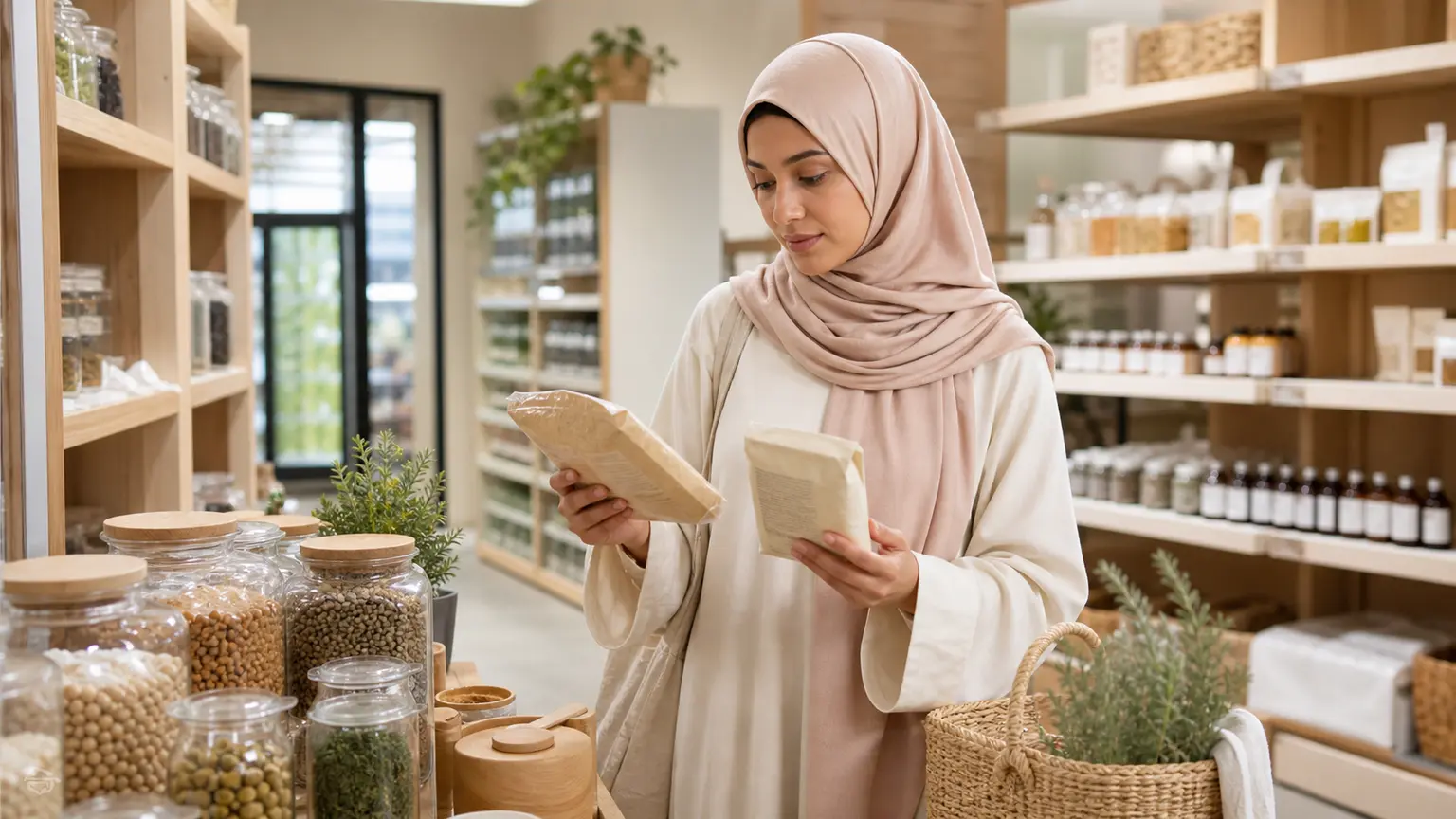 Femme musulmane en hijab nude comparant deux emballages alimentaires neutres dans une épicerie beige.