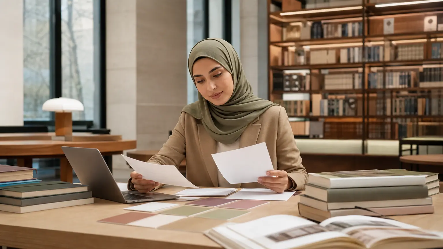 Étudiante musulmane comparant des parcours de formation dans une bibliothèque lumineuse.