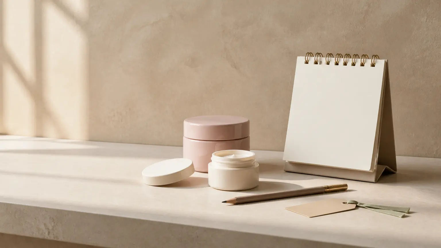 Deux produits cosmétiques neutres sont rangés avec un petit calendrier et un crayon sur une table claire.