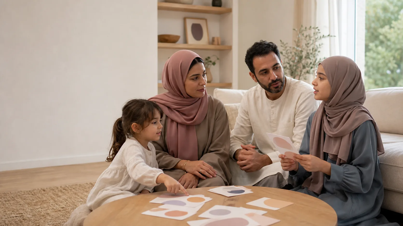 Parents musulmans discutant avec deux enfants autour de supports visuels simples
