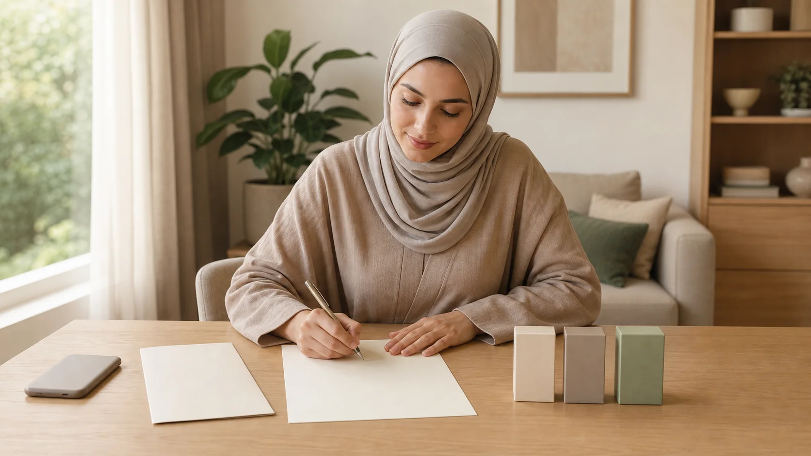 Femme musulmane adulte préparant une fiche vierge et ses médicaments avant une consultation médicale.