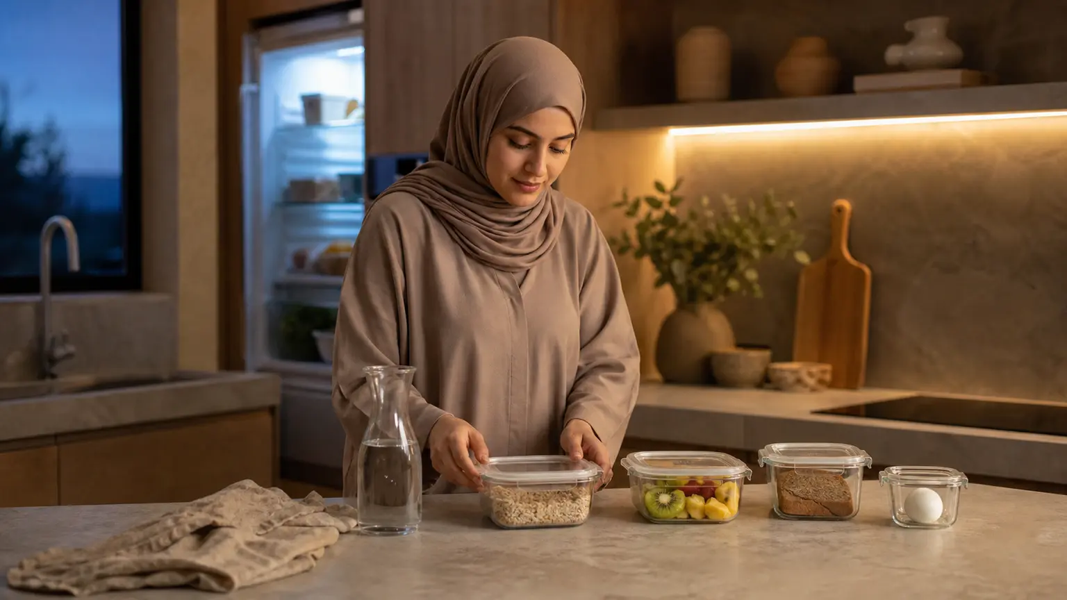Femme musulmane en hijab taupe préparant la veille des contenants de suhur avec céréales, fruit, pain, œuf et eau dans une cuisine beige.