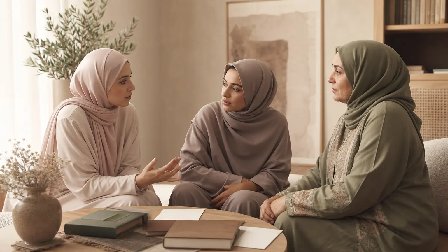Femmes musulmanes échangeant avec une enseignante sur des questions de prière.