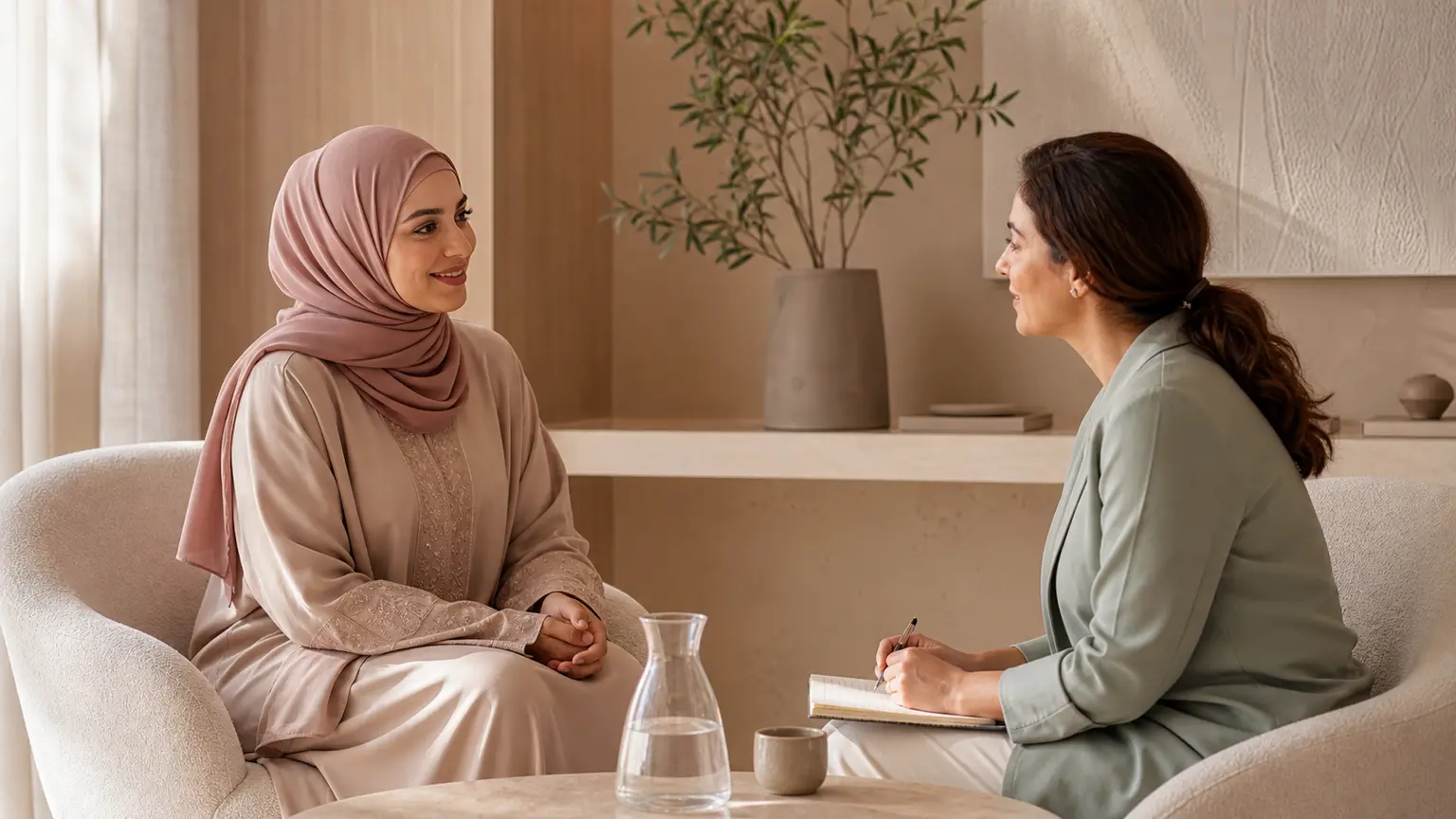 Femme musulmane échangeant sereinement avec une professionnelle de santé avant Ramadan.