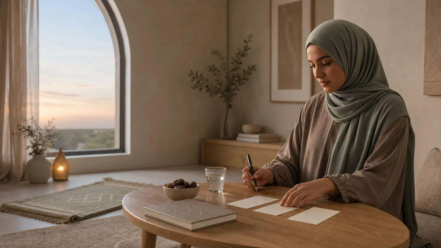 Femme musulmane préparant une routine de Ramadan au lever du jour dans un intérieur apaisant.
