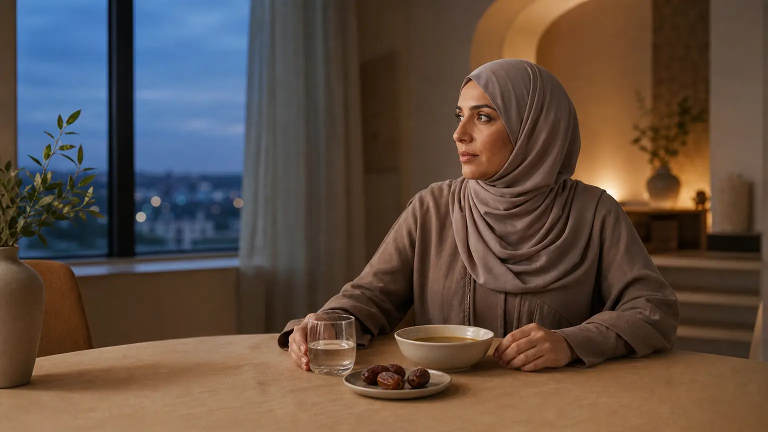 Femme musulmane en hijab taupe assise à l'iftar devant un verre d'eau, trois dattes et une soupe au moment de l'heure bleue.