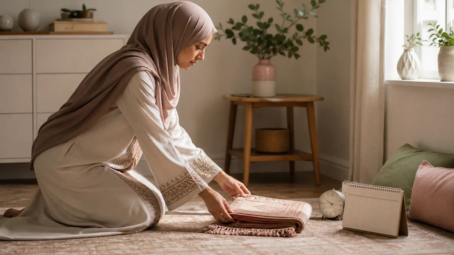 Femme musulmane préparant un espace et un planning simple pour sa routine de prière.