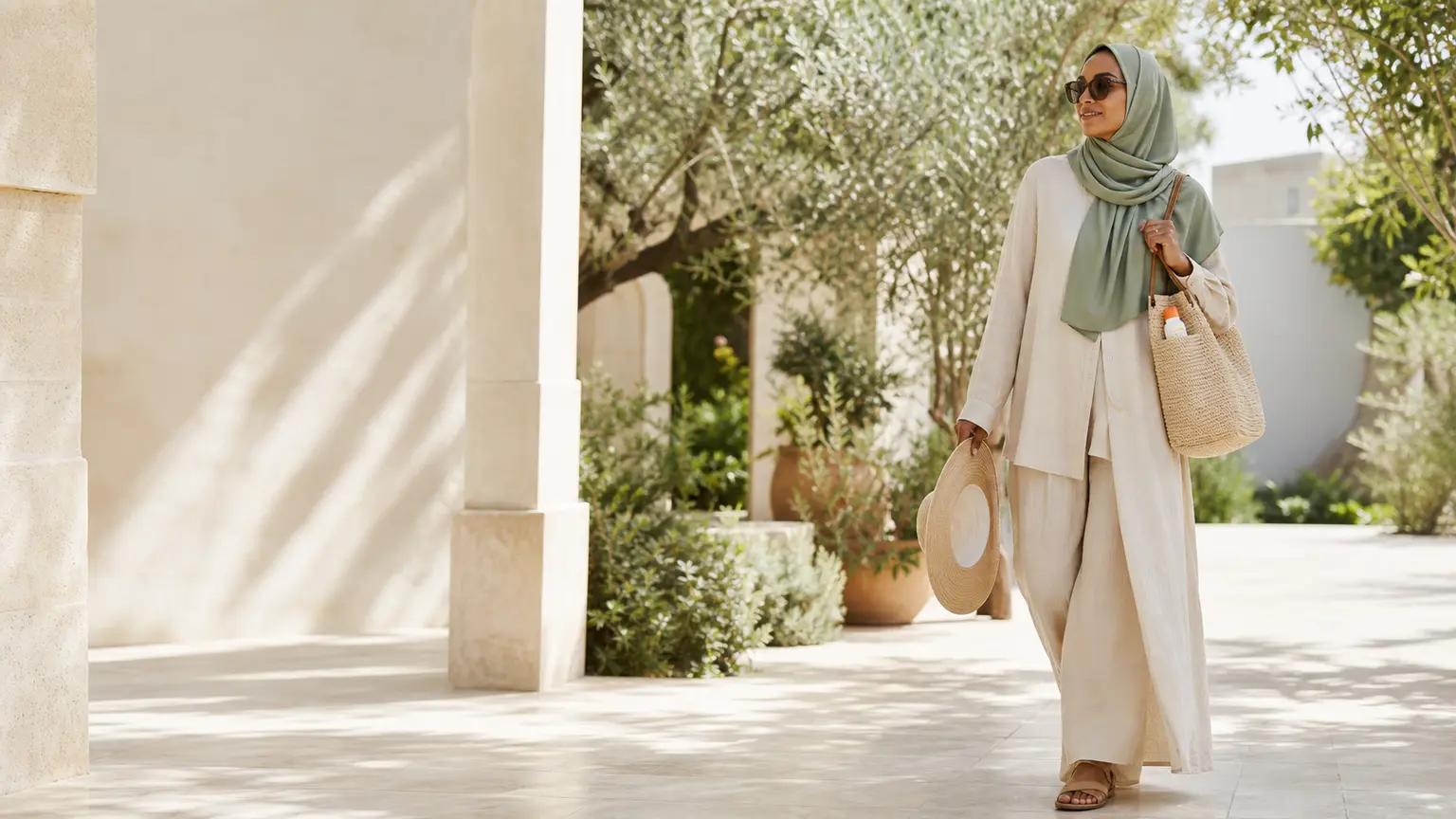 Femme musulmane en hijab sauge marchant à l'ombre avec lunettes, chapeau et protection solaire dans son sac.
