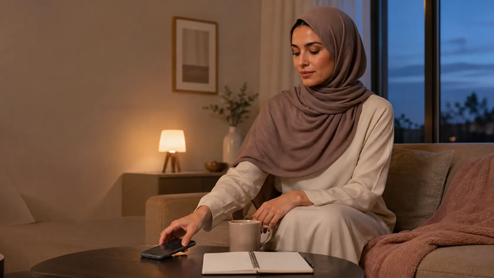 Femme musulmane adulte posant son téléphone près d'un carnet vierge dans un salon calme au crépuscule.