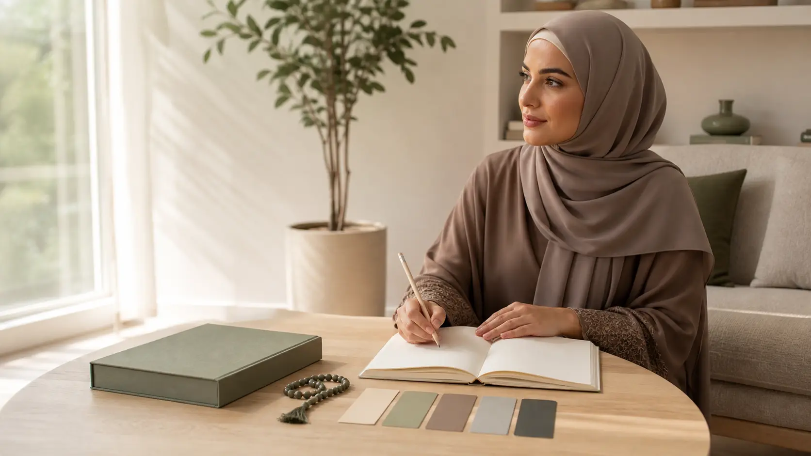 Femme musulmane dans un espace de lecture lumineux avec livre fermé, carnet vierge et repères colorés.