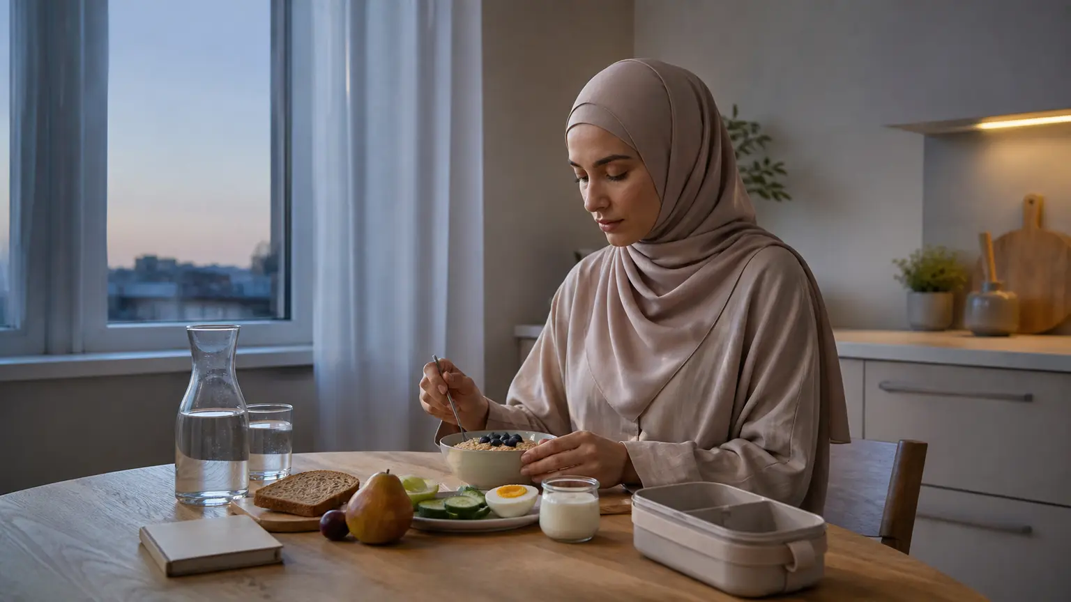 Femme musulmane en hijab taupe prenant un suhur simple avec céréales, fruit, œuf, légumes et eau dans une cuisine éclairée avant l'aube.