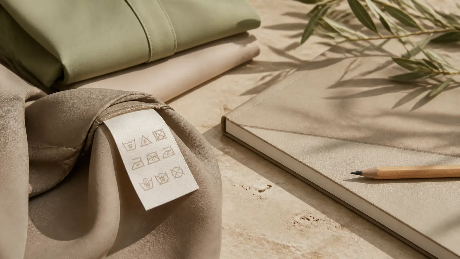 Étiquette d’entretien textile près de vêtements pliés et d’un carnet dans un atelier lumineux.
