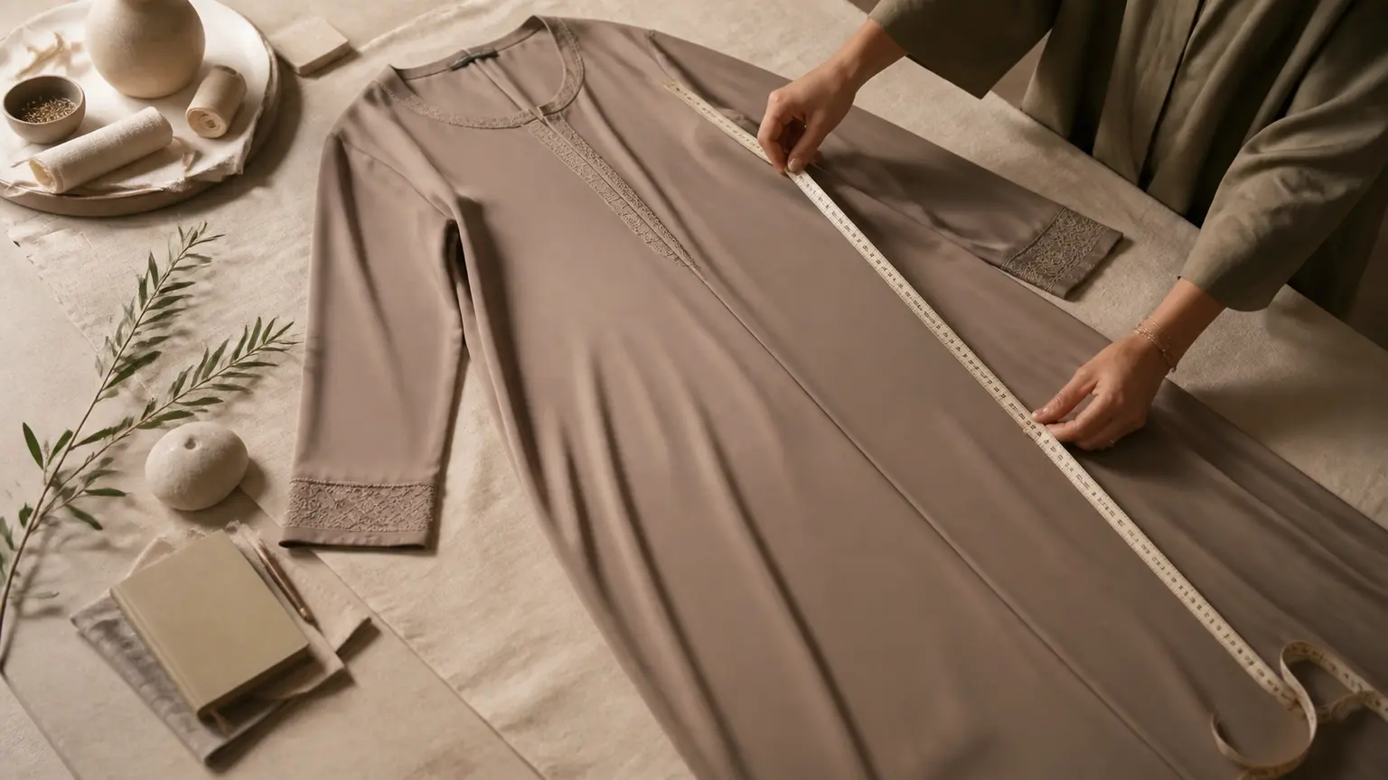 Abaya taupe mesurée à plat avec un mètre ruban sur une grande table d’atelier beige.