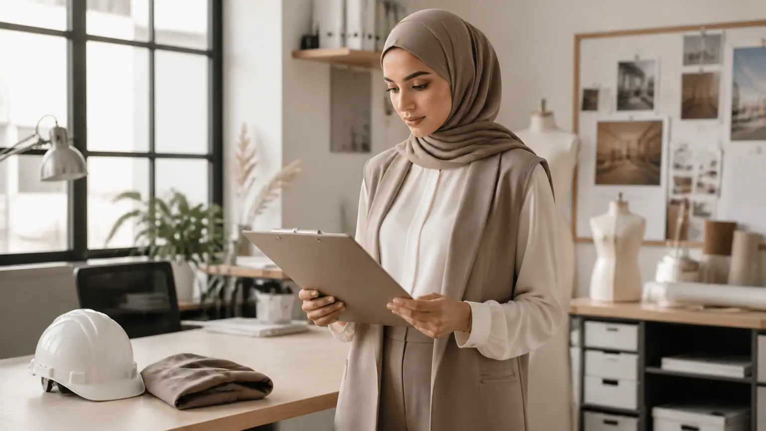 Professionnelle musulmane consultant une consigne de tenue dans un atelier-bureau lumineux.