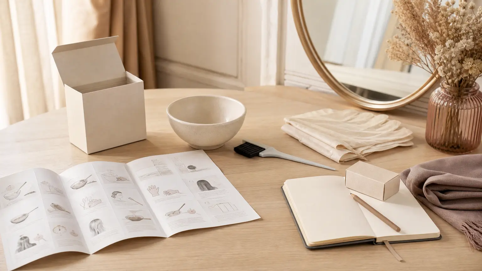 Notice de coloration, gants beiges, bol, pinceau et carnet de traçabilité disposés sur une coiffeuse beige rosé.