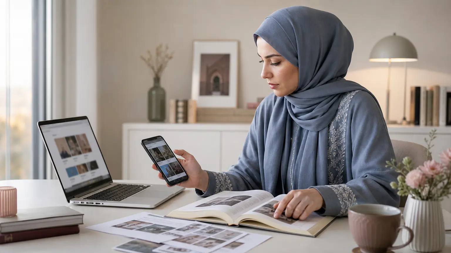 Femme musulmane compare une publication en ligne avec des documents sources dans un espace de travail lumineux.