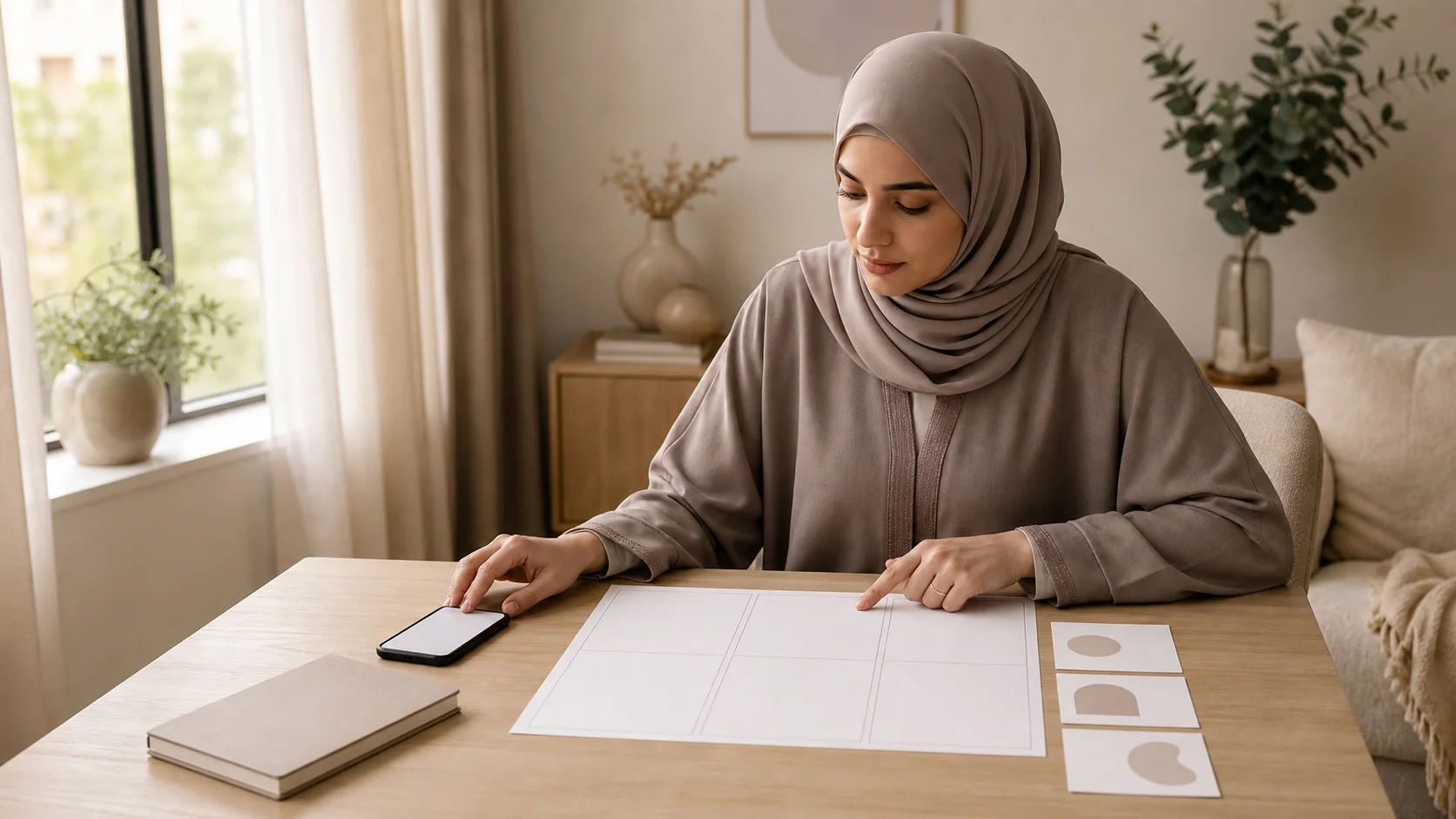 Femme musulmane adulte vérifiant une information de santé en ligne à partir de sources et d’une fiche vierge.