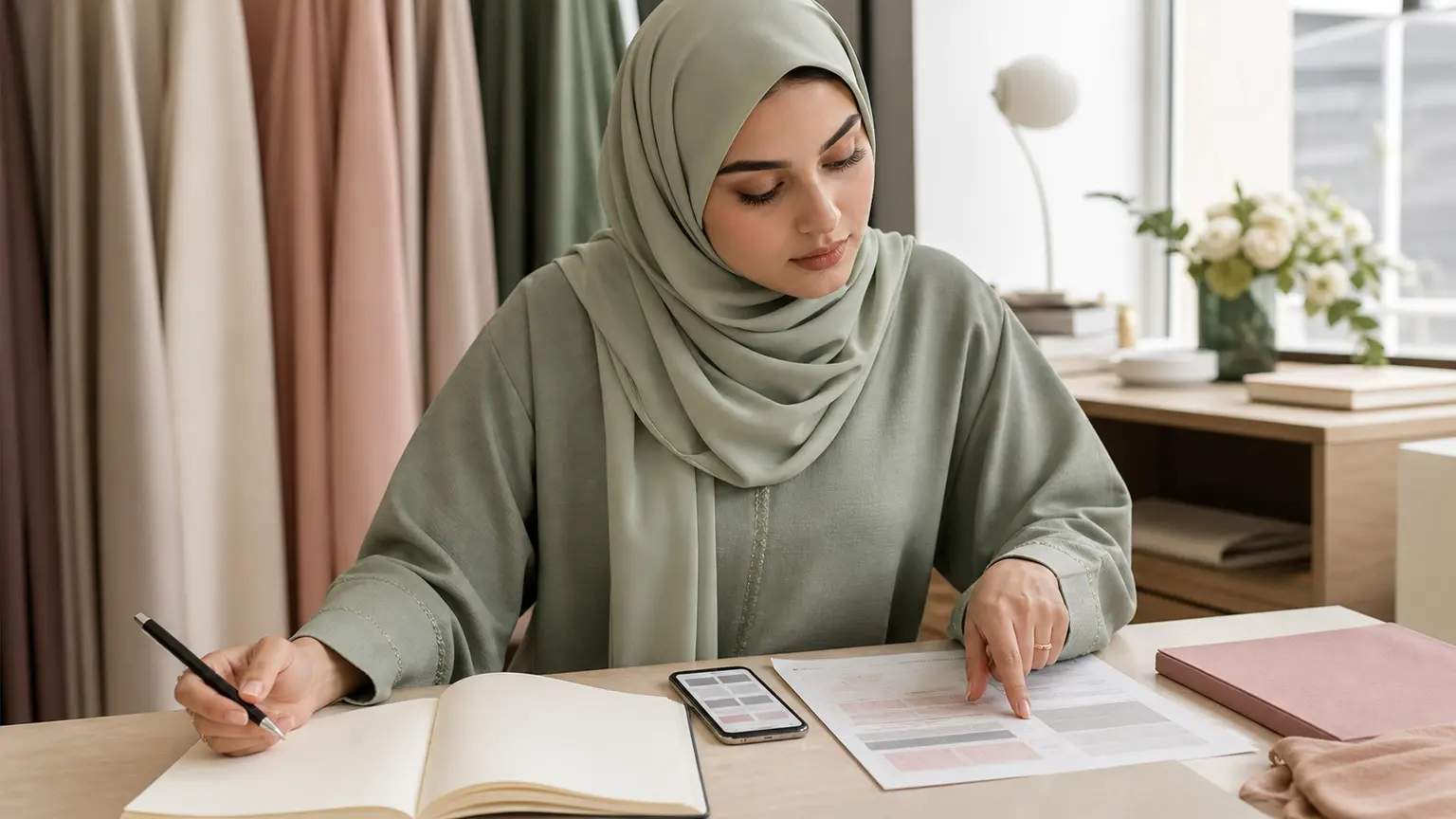 Femme musulmane comparant une publication mobile avec un document source avant de partager.