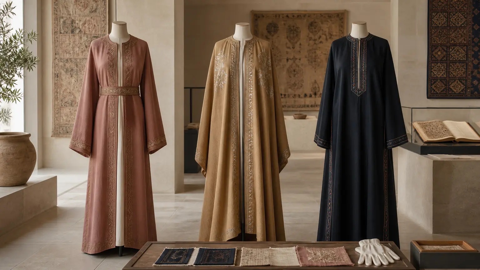 Trois vêtements longs aux constructions et broderies différentes présentés dans une galerie textile lumineuse.