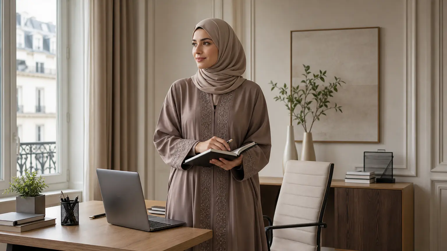 Professionnelle musulmane en tenue taupe élégante dans un bureau lumineux.