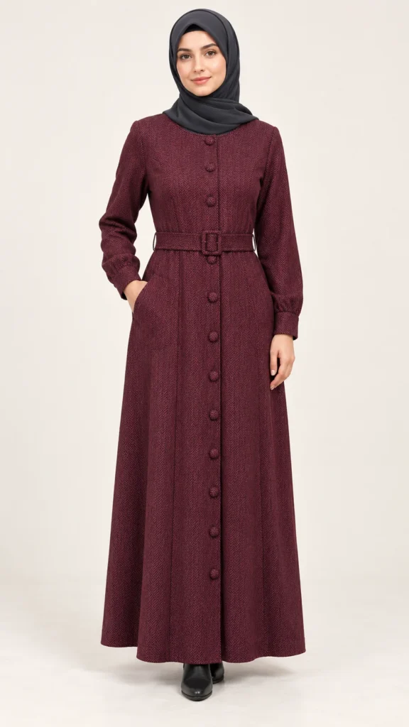 Robe longue boutonnée bordeaux à chevrons avec ceinture